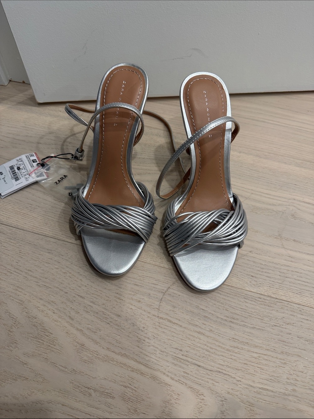 Zara Metallic Silver Knotted Strap Heels